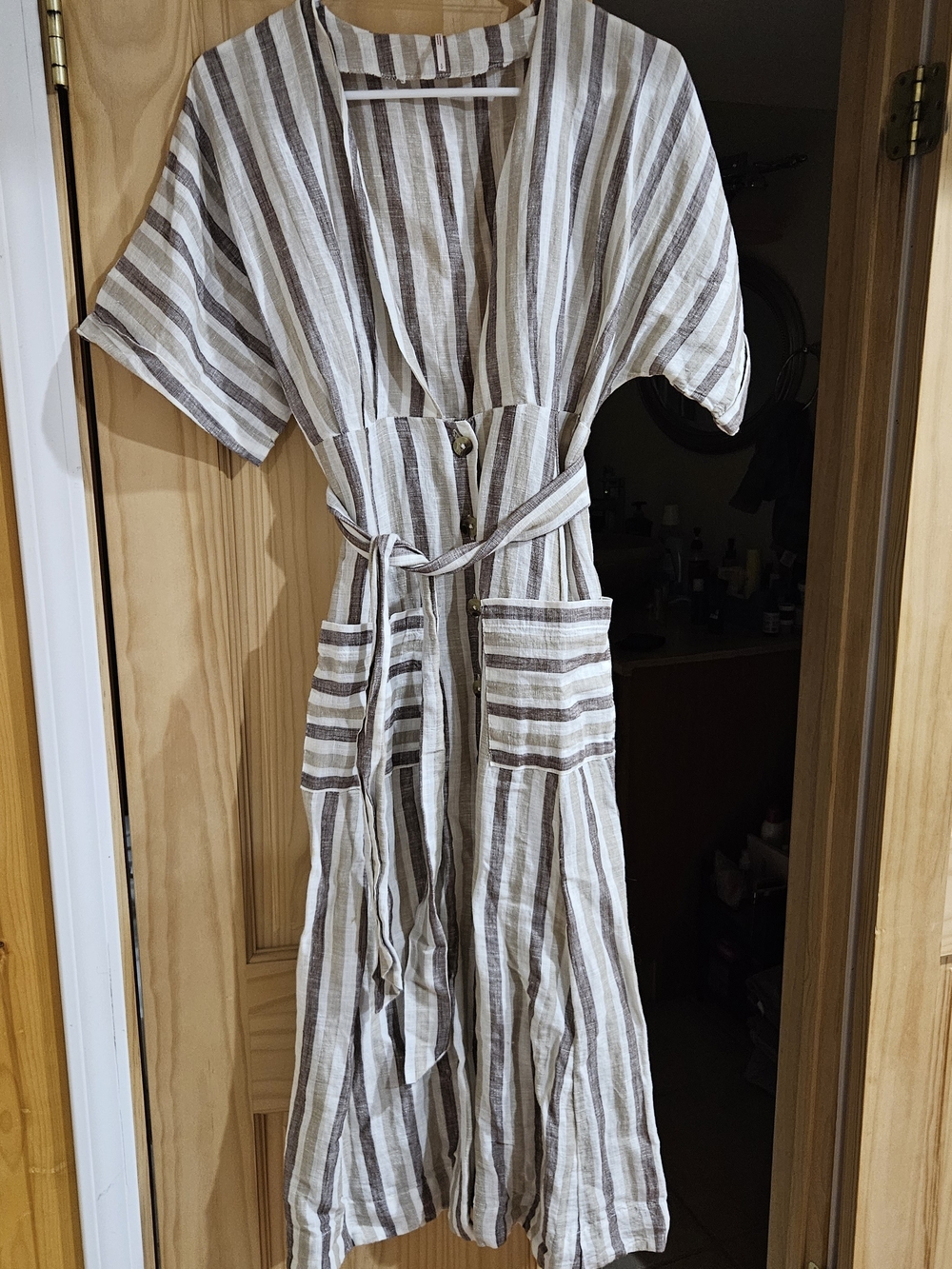 Free People Striped Linen-Blend Belted Maxi Dress - Taupe & White